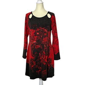 Aryeh Red & Black Baroque Print Cut Out Shoulder Tunic Dress Women's Size Large